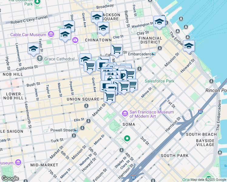 map of restaurants, bars, coffee shops, grocery stores, and more near 1 Post Street in San Francisco