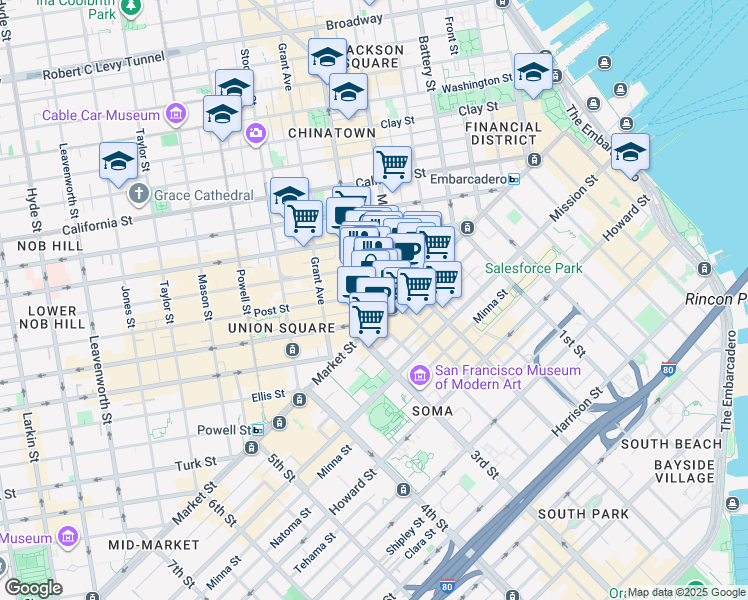 map of restaurants, bars, coffee shops, grocery stores, and more near 122/15 Montgomery Street in San Francisco