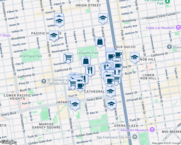 map of restaurants, bars, coffee shops, grocery stores, and more near Pine Street & Octavia Street in San Francisco