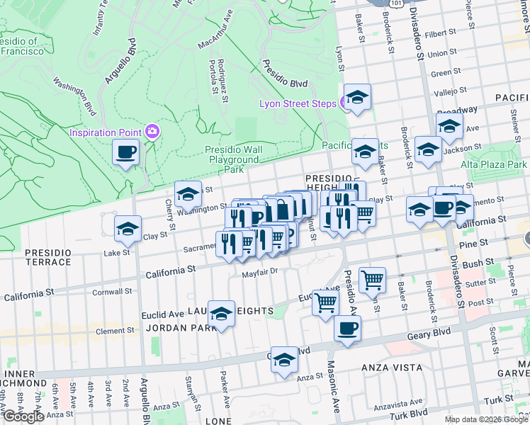 map of restaurants, bars, coffee shops, grocery stores, and more near 3536 Clay Street in San Francisco