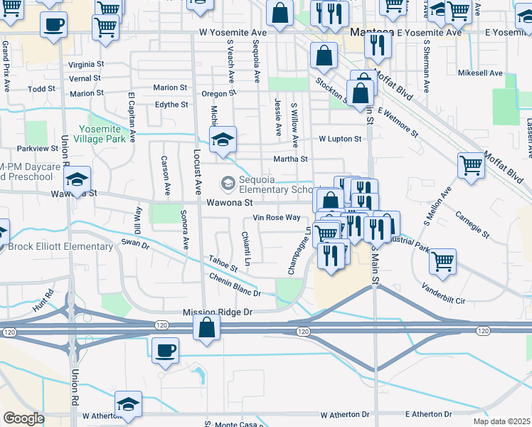 map of restaurants, bars, coffee shops, grocery stores, and more near 563 Vin Rose Way in Manteca