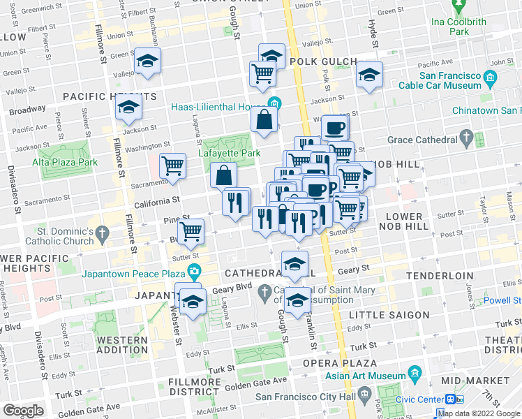 map of restaurants, bars, coffee shops, grocery stores, and more near 1735 Gough Street in San Francisco
