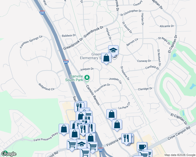 map of restaurants, bars, coffee shops, grocery stores, and more near 204 Joaquin Drive in Danville
