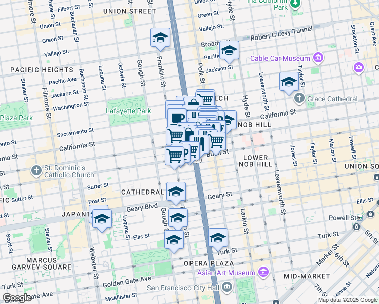 map of restaurants, bars, coffee shops, grocery stores, and more near 1501 Van Ness Avenue in San Francisco