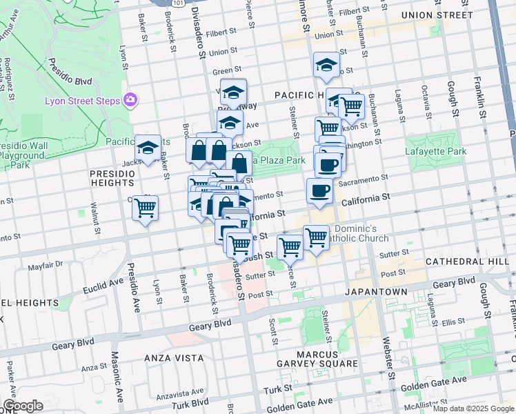 map of restaurants, bars, coffee shops, grocery stores, and more near 2107 Scott Street in San Francisco