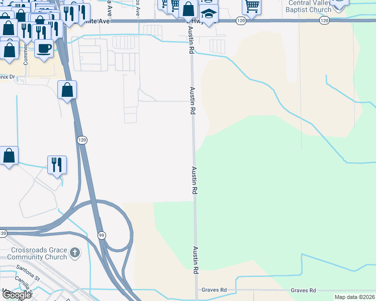 map of restaurants, bars, coffee shops, grocery stores, and more near 719 South Austin Road in Manteca
