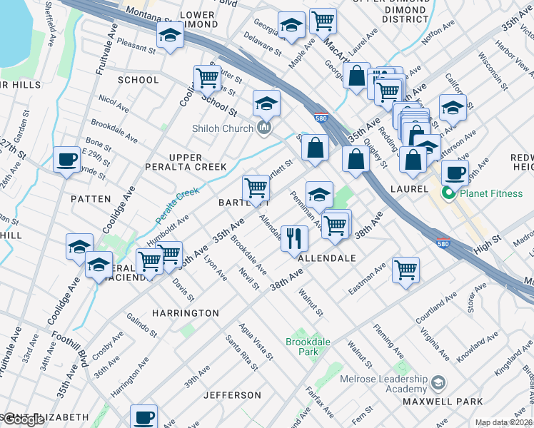 map of restaurants, bars, coffee shops, grocery stores, and more near in Oakland