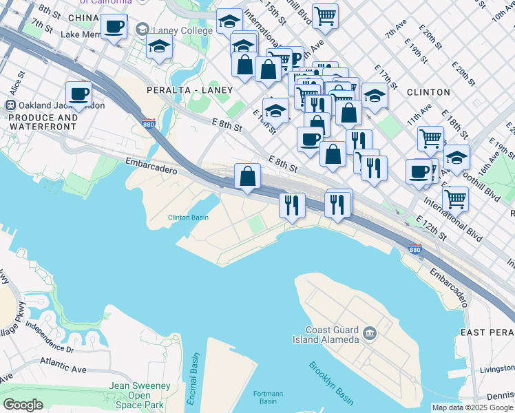 map of restaurants, bars, coffee shops, grocery stores, and more near Nimitz Fwy in Oakland