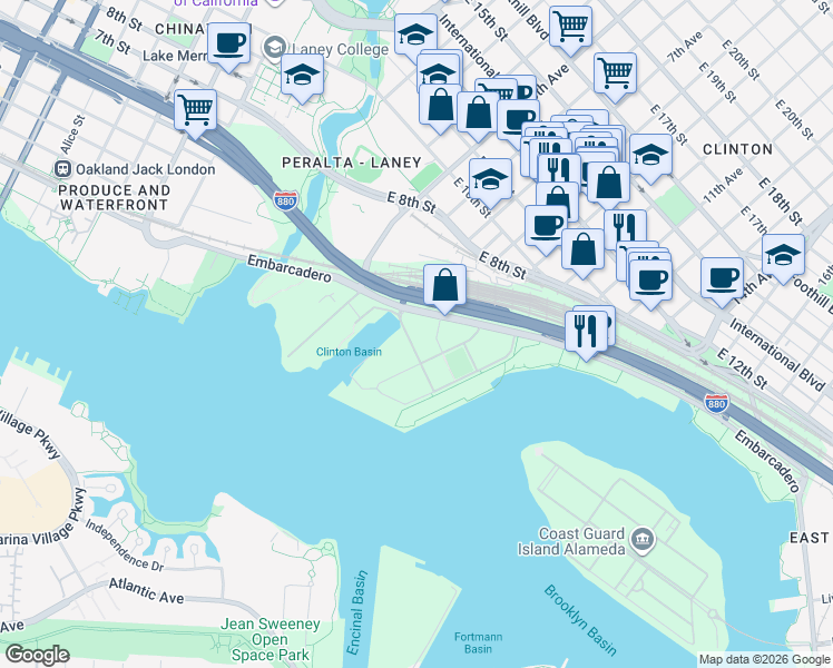 map of restaurants, bars, coffee shops, grocery stores, and more near 719-779 Embarcadero in Oakland