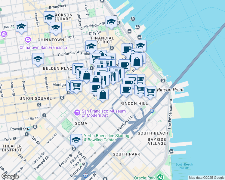 map of restaurants, bars, coffee shops, grocery stores, and more near 400 Howard Street in San Francisco