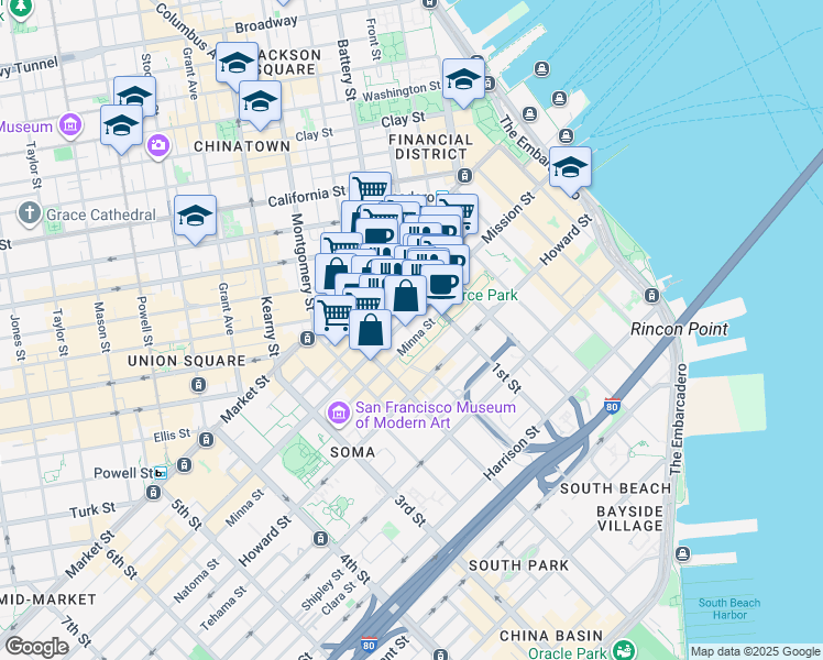 map of restaurants, bars, coffee shops, grocery stores, and more near 526 Mission Street in San Francisco