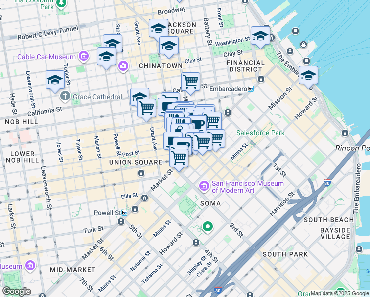 map of restaurants, bars, coffee shops, grocery stores, and more near 122/15 Montgomery Street in San Francisco