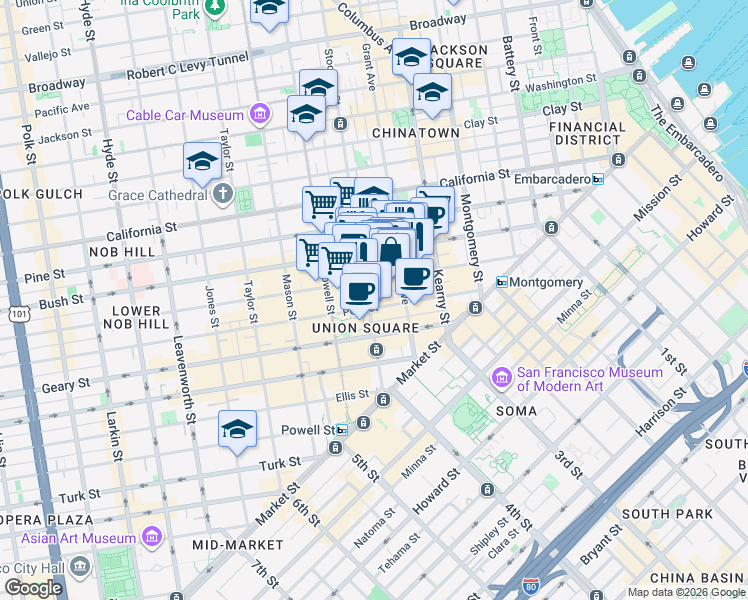 map of restaurants, bars, coffee shops, grocery stores, and more near 272 Post Street in San Francisco