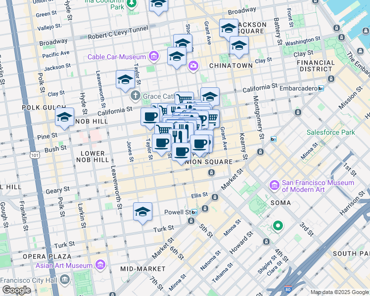 map of restaurants, bars, coffee shops, grocery stores, and more near in San Francisco