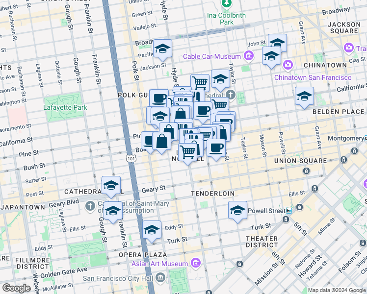 map of restaurants, bars, coffee shops, grocery stores, and more near 900 Hyde Street in San Francisco