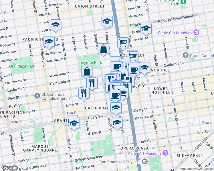 map of restaurants, bars, coffee shops, grocery stores, and more near 1735 Gough Street in San Francisco