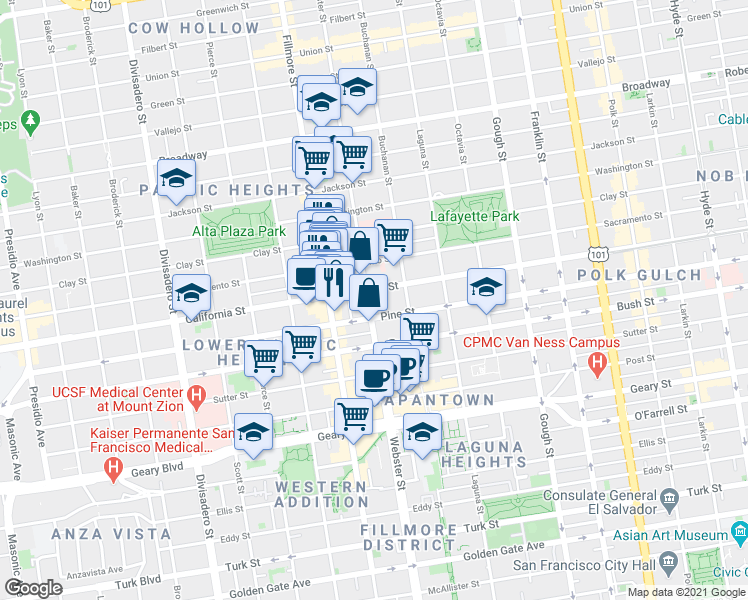 map of restaurants, bars, coffee shops, grocery stores, and more near 2246 California Street in San Francisco