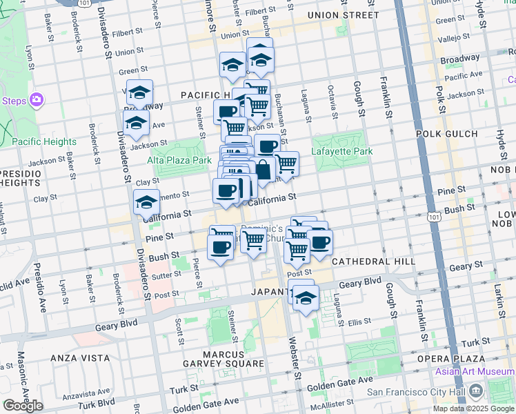 map of restaurants, bars, coffee shops, grocery stores, and more near 2334 California Street in San Francisco