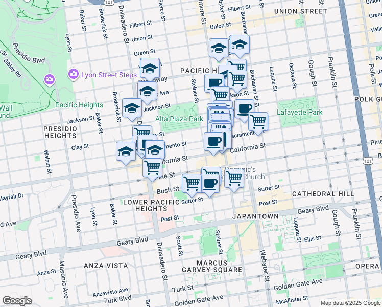 map of restaurants, bars, coffee shops, grocery stores, and more near 2605 Sacramento Street in San Francisco