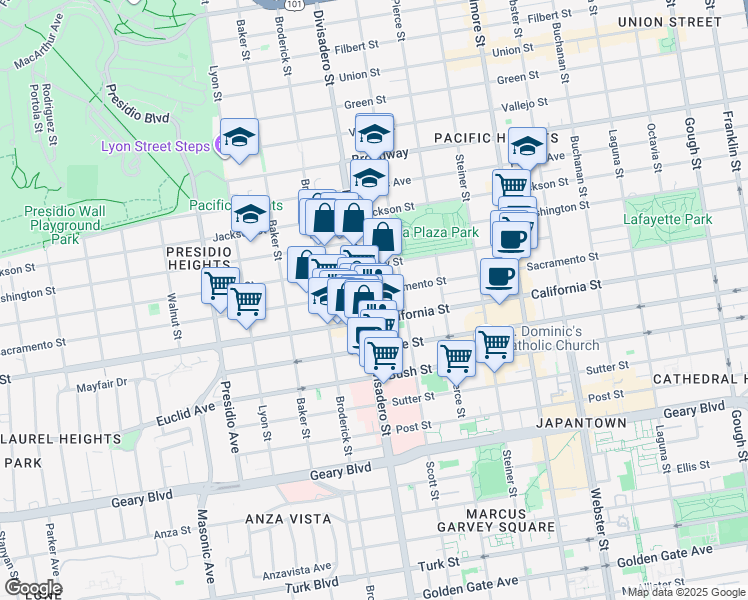 map of restaurants, bars, coffee shops, grocery stores, and more near 2114 Divisadero Street in San Francisco