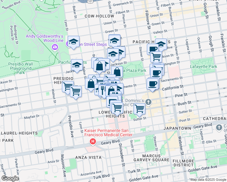 map of restaurants, bars, coffee shops, grocery stores, and more near 2114 Divisadero Street in San Francisco
