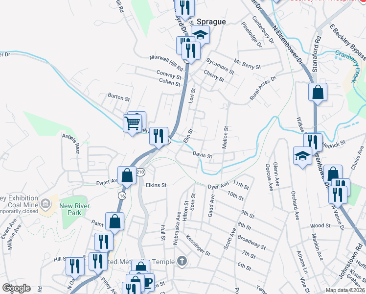 map of restaurants, bars, coffee shops, grocery stores, and more near 104 New River Drive in Beckley