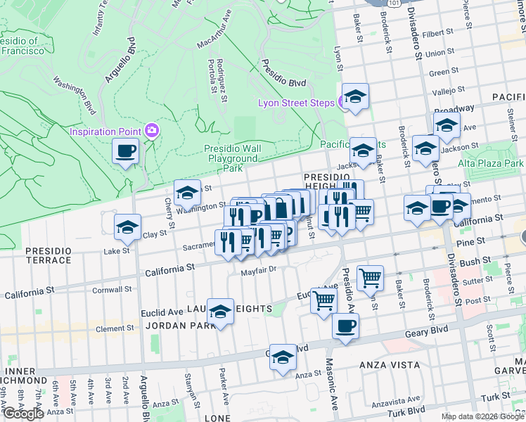 map of restaurants, bars, coffee shops, grocery stores, and more near 3536 Clay Street in San Francisco