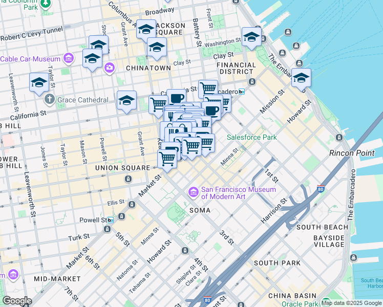 map of restaurants, bars, coffee shops, grocery stores, and more near 28 2nd Street in San Francisco