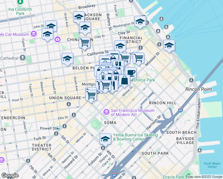 map of restaurants, bars, coffee shops, grocery stores, and more near 55 2nd Street in San Francisco