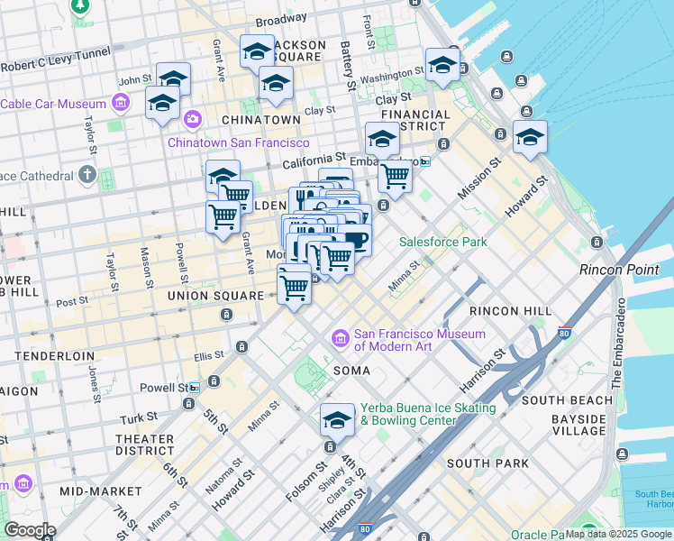 map of restaurants, bars, coffee shops, grocery stores, and more near 28 2nd Street in San Francisco