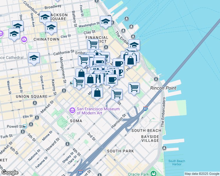 map of restaurants, bars, coffee shops, grocery stores, and more near 405 Howard Street in San Francisco