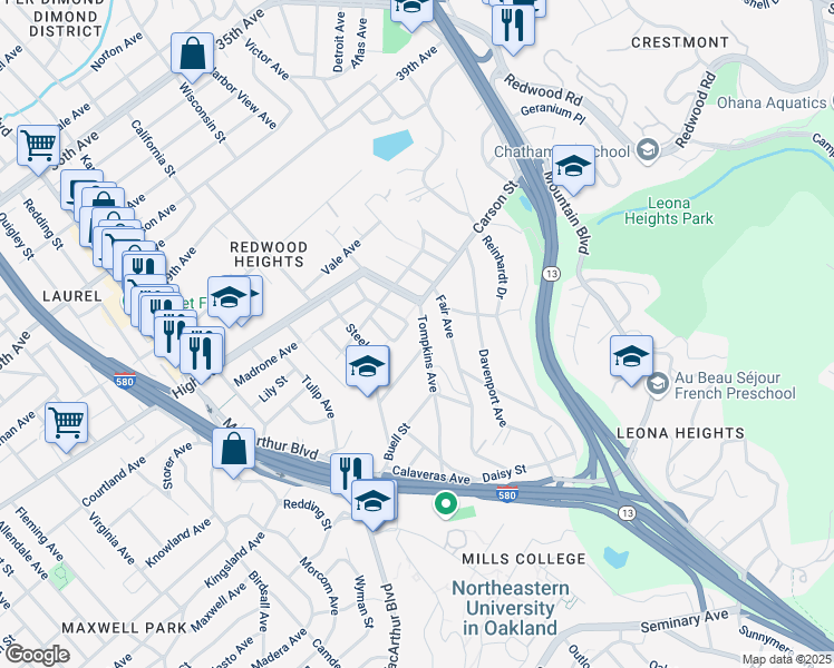 map of restaurants, bars, coffee shops, grocery stores, and more near 4545 Tompkins Avenue in Oakland