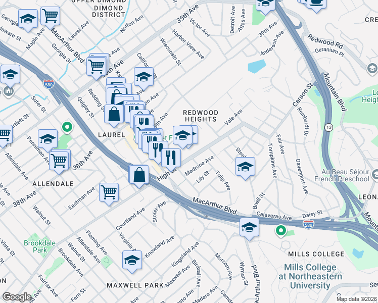 map of restaurants, bars, coffee shops, grocery stores, and more near 3695 High Street in Oakland
