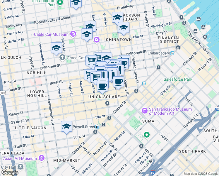 map of restaurants, bars, coffee shops, grocery stores, and more near 349 Sutter Street in San Francisco