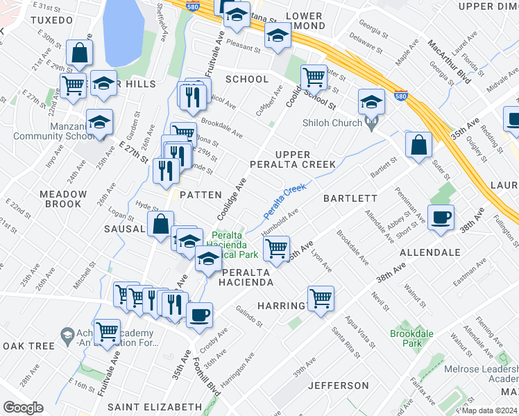 map of restaurants, bars, coffee shops, grocery stores, and more near 3269 Lynde Street in Oakland