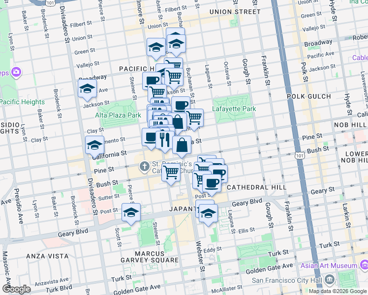 map of restaurants, bars, coffee shops, grocery stores, and more near 2246 California Street in San Francisco