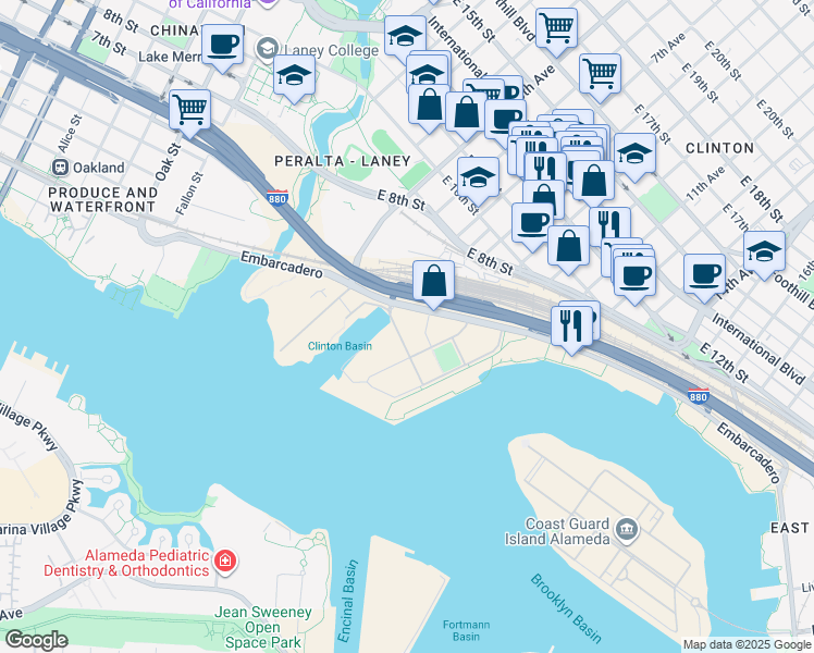 map of restaurants, bars, coffee shops, grocery stores, and more near 260 Brooklyn Basin Way in Oakland