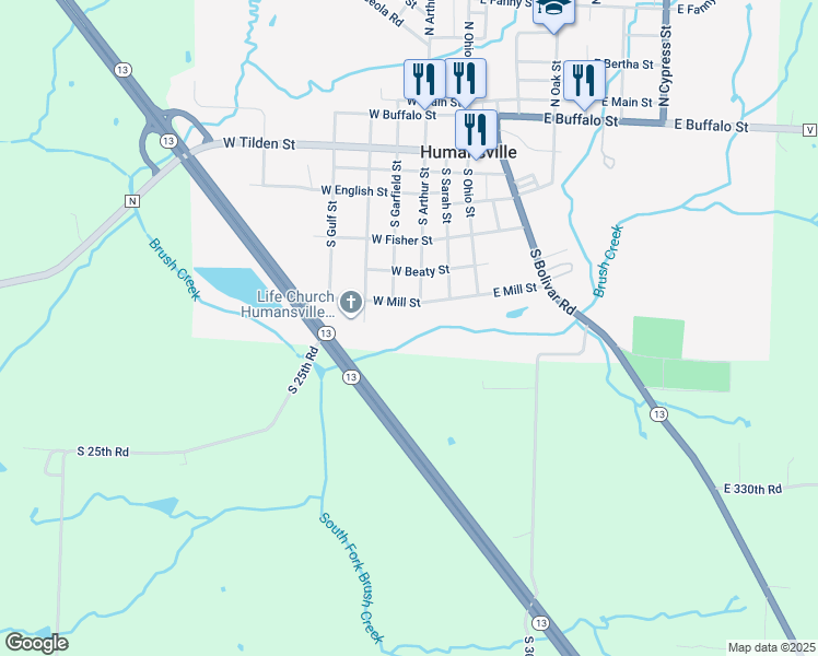 map of restaurants, bars, coffee shops, grocery stores, and more near 300 West Mill Street in Humansville