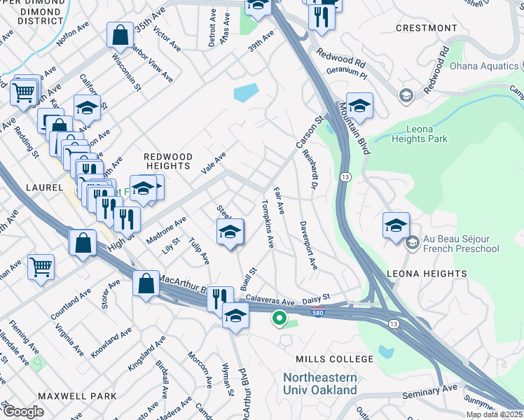 map of restaurants, bars, coffee shops, grocery stores, and more near 4545 Tompkins Avenue in Oakland