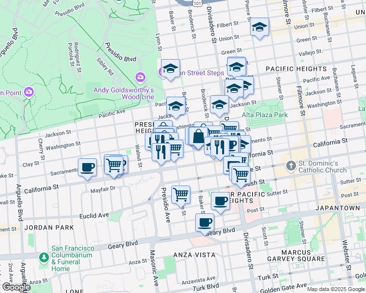map of restaurants, bars, coffee shops, grocery stores, and more near 3150 Sacramento Street in San Francisco