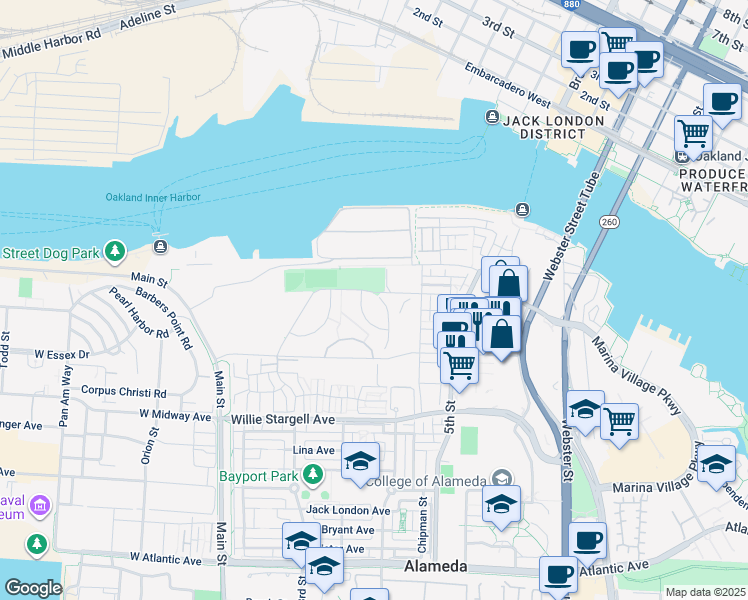 map of restaurants, bars, coffee shops, grocery stores, and more near 500 Mosley Avenue in Alameda