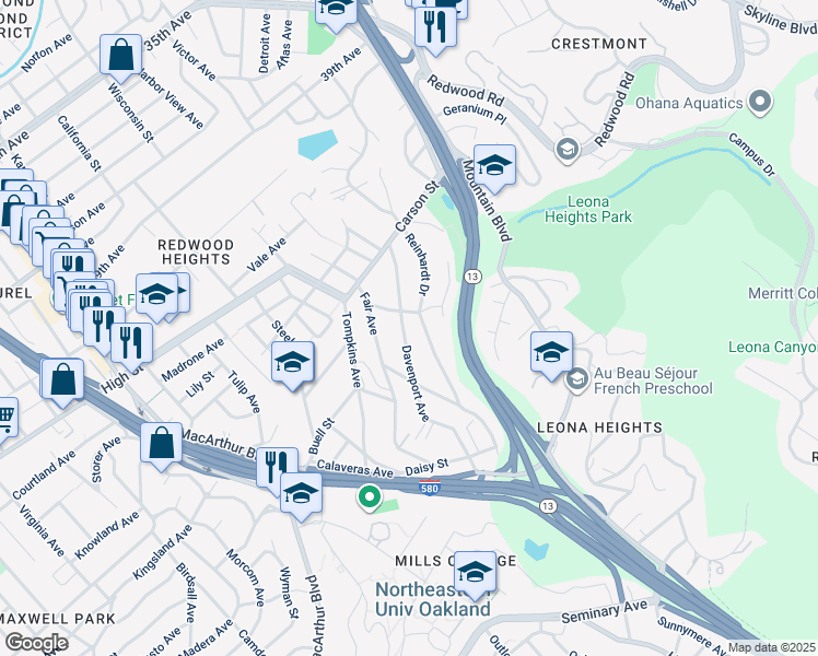 map of restaurants, bars, coffee shops, grocery stores, and more near 4624 Davenport Avenue in Oakland