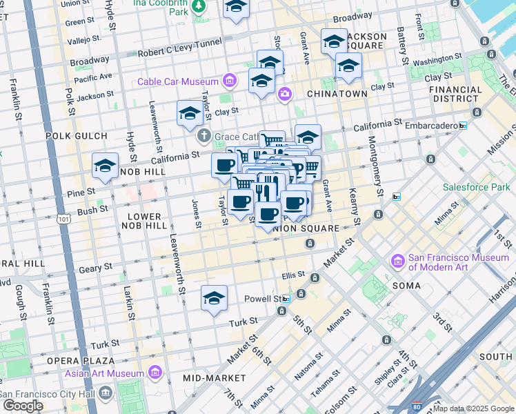 map of restaurants, bars, coffee shops, grocery stores, and more near 480S Sutter Street in San Francisco