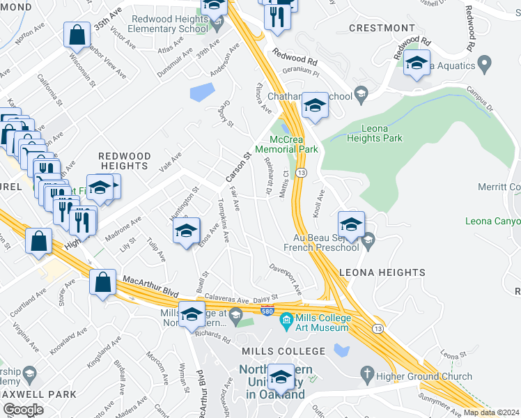 map of restaurants, bars, coffee shops, grocery stores, and more near 4624 Davenport Avenue in Oakland