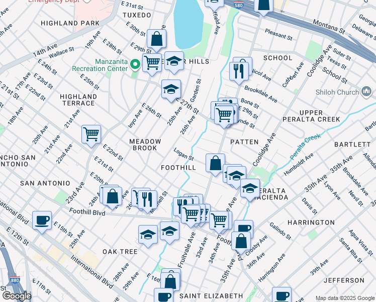 map of restaurants, bars, coffee shops, grocery stores, and more near 2 Peroly Court in Oakland
