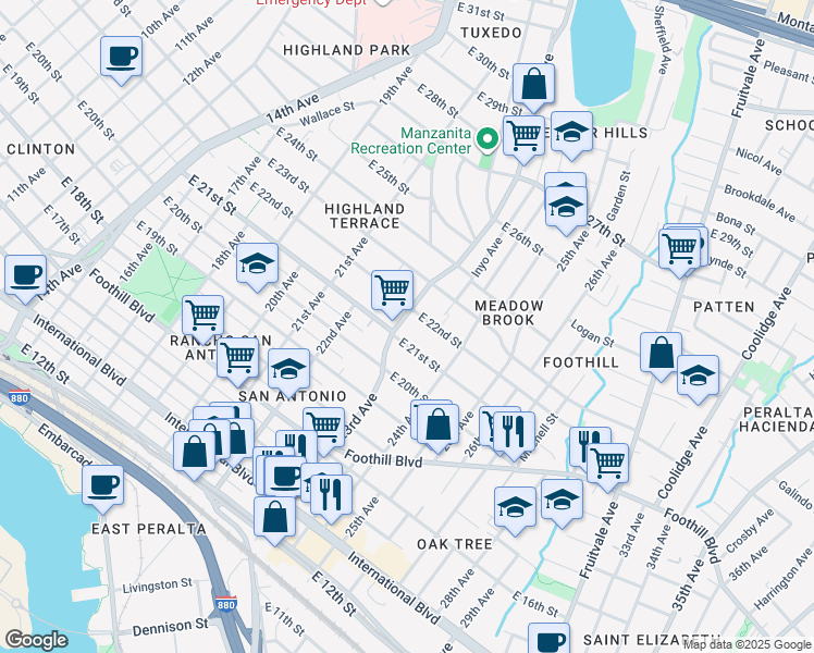 map of restaurants, bars, coffee shops, grocery stores, and more near 2206 23rd Avenue in Oakland
