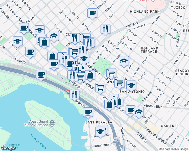 map of restaurants, bars, coffee shops, grocery stores, and more near in Oakland