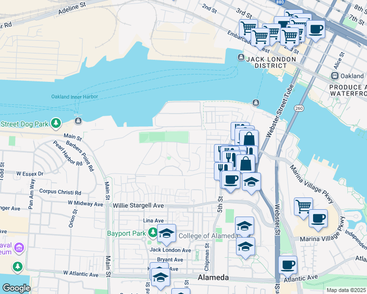 map of restaurants, bars, coffee shops, grocery stores, and more near 400-406 Mosley Ave in Alameda