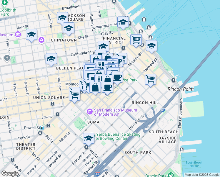 map of restaurants, bars, coffee shops, grocery stores, and more near 526 Mission Street in San Francisco