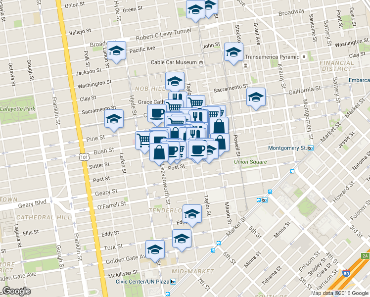 map of restaurants, bars, coffee shops, grocery stores, and more near in San Francisco